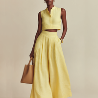 Women's Pale Yellow Linen-Blend Two-Piece Set With Cropped Sleeveless Top & Wide Leg Pants, Timeless Minimalist Casual Outfit MDZ0866E7LYL