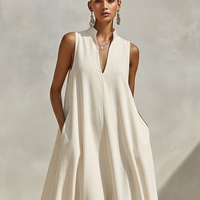 Women's Cream Linen-Blend Sleeveless Maxi Dress With Stand Collar & V-Neck, Timeless Minimalist Summer Dress MDZ0806E9LYL