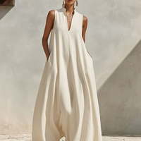 Women's Cream Linen-Blend Sleeveless Maxi Dress With Stand Collar & V-Neck, Timeless Minimalist Summer Dress MDZ0806E9LYL