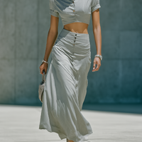 Women’s Grey Cropped Button-Down Shirt & High-Waisted Maxi Skirt Two-Piece Set MDZ0882E0T