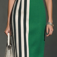 Women’s Green & Striped Color-Block Sheath Dress With Square Neck & Short Sleeves MDZ0835E5T