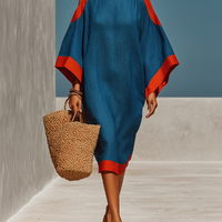 Women’s Blue Linen-Blend Cold-Shoulder Midi Dress With Red Contrast Trim MDZ0856E9T