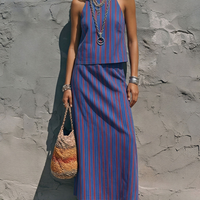 Women's Casual Blue And Red Striped Cotton Blend Sleeveless Top + Straight Long Skirt Set MDZ0896E2GMJ