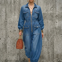 Women's Utility Style Blue Denim Collared Zip-Up Elastic Cuff Long-Sleeve Jumpsuit MDZ0863E1GMJ