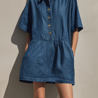 Women's Minimalist Denim-Style Button-Front Short-Sleeve Mini Dress MDZ0982E2ZRK