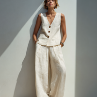 Women's Minimalist Cotton-Linen Blend Button-Front Vest And Wide-Leg Pants Set MDZ0976E3ZRK