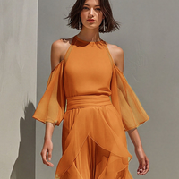 Women's Tangerine Chiffon Set With Cold Shoulder & Tiered Ruffle Detail, Timeless Romantic Evening Outfit MDZ0940E8LYL