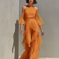 Women's Tangerine Chiffon Set With Cold Shoulder & Tiered Ruffle Detail, Timeless Romantic Evening Outfit MDZ0940E8LYL