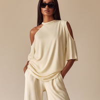 Women's Off-White Ribbed Co-Ord Set With Asymmetric Neckline & Slit Pants, Timeless Minimalist Casual Outfit MDZ0989E5LYL