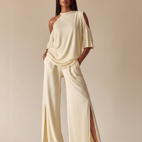 Women's Off-White Ribbed Co-Ord Set With Asymmetric Neckline & Slit Pants, Timeless Minimalist Casual Outfit MDZ0989E5LYL