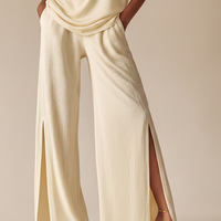 Women's Off-White Ribbed Co-Ord Set With Asymmetric Neckline & Slit Pants, Timeless Minimalist Casual Outfit MDZ0989E5LYL