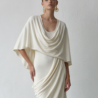 Women's Ivory Knit Wrap-Style Maxi Dress With Cowl Neck Cape & Ruched Side, Contemporary Sophisticated Cocktail Dress MDZ0944E9LYL