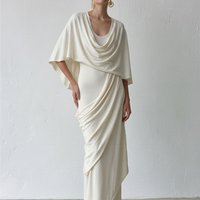 Women's Ivory Knit Wrap-Style Maxi Dress With Cowl Neck Cape & Ruched Side, Contemporary Sophisticated Cocktail Dress MDZ0944E9LYL
