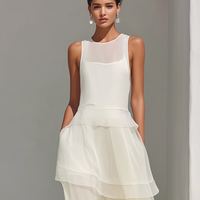 Women's Cream Sheer Chiffon Maxi Dress With Ruffled Tiered Hem & Crew Neck, Contemporary Elegant Evening Dress MDZ0904E5LYL