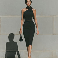 Women’s Black One-Shoulder Scarf-Neck Crop Top & Ruched Bodycon Midi Skirt Two-Piece Set MDZ0916E8T