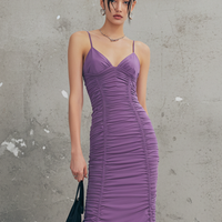 Women's Purple Jersey Maxi Dress With Ruched Front & Spaghetti Straps, Timeless Bodycon Party Dress MDZ0932E2LYL