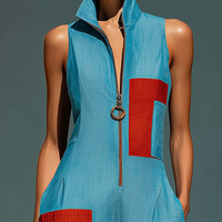 Women’s Blue Linen-Blend Sleeveless Jumpsuit With Red Patch Pockets & Half-Zip Stand Collar MDZ0982E4T