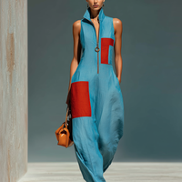 Women’s Blue Linen-Blend Sleeveless Jumpsuit With Red Patch Pockets & Half-Zip Stand Collar MDZ0982E4T