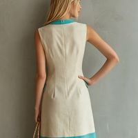 Women's Casual Beige Cotton-Linen Sleeveless V-Neck Mini Dress MDZ0923E3LXY