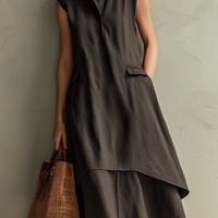 Women's Casual Dark Brown Cotton-Linen Sleeveless Stand-Collar Maxi Dress MDZ0924E1LXY