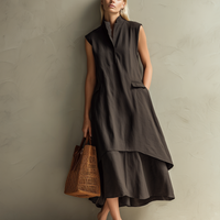Women's Casual Dark Brown Cotton-Linen Sleeveless Stand-Collar Maxi Dress MDZ0924E1LXY