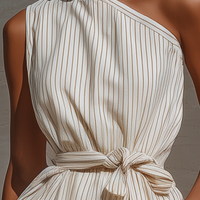 Women’s Beige & White Striped One-Shoulder Cotton Blend Romper With Tie Waist MDZ0936E6T