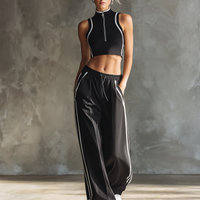 Women's Casual Black Stretch Knit Sleeveless Top With Zip Collar And Trousers MDZ0960E5LXY