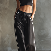 Women's Casual Black Stretch Knit Sleeveless Top With Zip Collar And Trousers MDZ0960E5LXY
