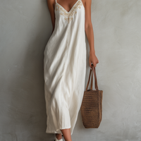 Women's Casual White Cotton-Linen Maxi Dress — Embroidered V-Neck, Sleeveless, Spaghetti Straps MDZ0932E6LXY
