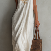 Women's Casual White Cotton-Linen Maxi Dress — Embroidered V-Neck, Sleeveless, Spaghetti Straps MDZ0932E6LXY