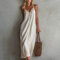 Women's Casual White Cotton-Linen Maxi Dress — Embroidered V-Neck, Sleeveless, Spaghetti Straps MDZ0932E6LXY