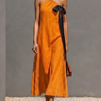 Women’s Orange Linen-Blend One-Shoulder Midi Dress With Black Satin Bow (Without Choker) MDZ0933E9T