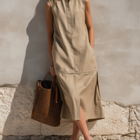 Women's Casual Khaki Cotton-Linen Sleeveless Midi Dress MDZ0986E3LXY
