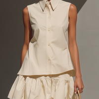 Women’s Beige Sleeveless Button-Down Shirt & Tiered Ruffle Mini Skirt Two-Piece Set MDZ0942E6T