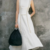 Women's Minimalist Off-White Cotton Linen Lace Fitted Fishtail Sleeveless Long Dress MDZ0993E4GMJ