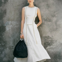 Women's Minimalist Off-White Cotton Linen Lace Fitted Fishtail Sleeveless Long Dress MDZ0993E4GMJ