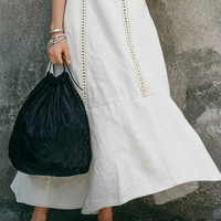Women's Minimalist Off-White Cotton Linen Lace Fitted Fishtail Sleeveless Long Dress MDZ0993E4GMJ