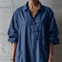 Women's Minimalist Navy Blue Cotton Linen Button-Down Collar Loose Long Shirt Dress MDZ0967E2GMJ