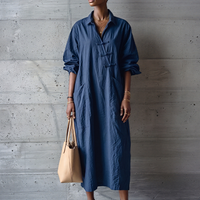 Women's Minimalist Navy Blue Cotton Linen Button-Down Collar Loose Long Shirt Dress MDZ0967E2GMJ