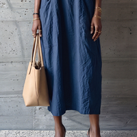 Women's Minimalist Navy Blue Cotton Linen Button-Down Collar Loose Long Shirt Dress MDZ0967E2GMJ