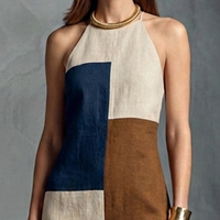 Women's Retro Style Beige、Blue And Brown Color-Blocked Cotton Linen Geometric Patchwork Long Dress MDZ0960E8GMJ