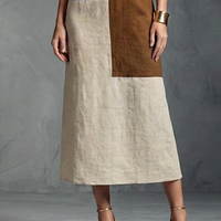 Women's Retro Style Beige、Blue And Brown Color-Blocked Cotton Linen Geometric Patchwork Long Dress MDZ0960E8GMJ