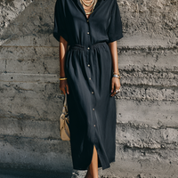 Women's Commuter Style Black Matte Satin Elastic Waist Collar Slit Long Shirt Dress MDZ0965E2GMJ