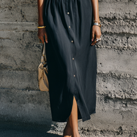 Women's Commuter Style Black Matte Satin Elastic Waist Collar Slit Long Shirt Dress MDZ0965E2GMJ