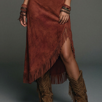 Women's Western-Style Caramel Suede Embroidery Tassel Asymmetrical Midi Dress MDZ0940E0GMJ