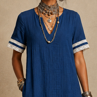 Women's Resort-Style Blue Cotton-Linen Lace-Trimmed V-Neck Short-Sleeved Midi Dress MDZ0934E8GMJ