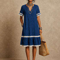Women's Resort-Style Blue Cotton-Linen Lace-Trimmed V-Neck Short-Sleeved Midi Dress MDZ0934E8GMJ