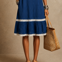 Women's Resort-Style Blue Cotton-Linen Lace-Trimmed V-Neck Short-Sleeved Midi Dress MDZ0934E8GMJ