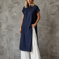 Women's Minimalist Navy Blue Linen-Cotton Half-Placket Longline Shirt And White Linen-Cotton High-Waisted Wide-Leg Pants Set MDZ0939E2GMJ