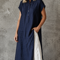 Women's Minimalist Navy Blue Linen-Cotton Half-Placket Longline Shirt And White Linen-Cotton High-Waisted Wide-Leg Pants Set MDZ0939E2GMJ